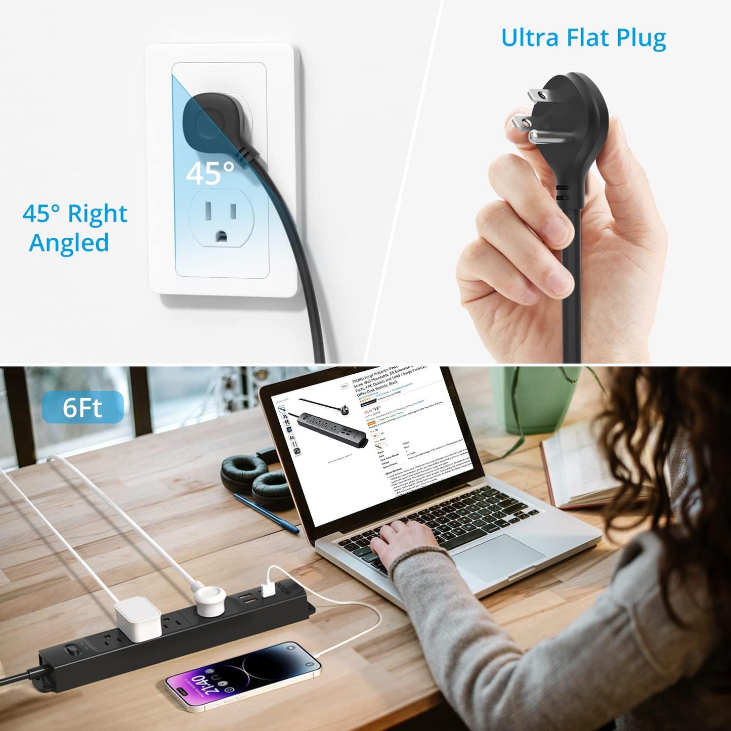 TROND Surge Protector Power Strip with USB, Ultra Thin Flat Plug 6ft Long Extension Cord 1625W, 3 USB A & 1 Type C, 4 AC Outlets 1440J Surge Protection Wall Mount for Home Office Dorm Room, Black