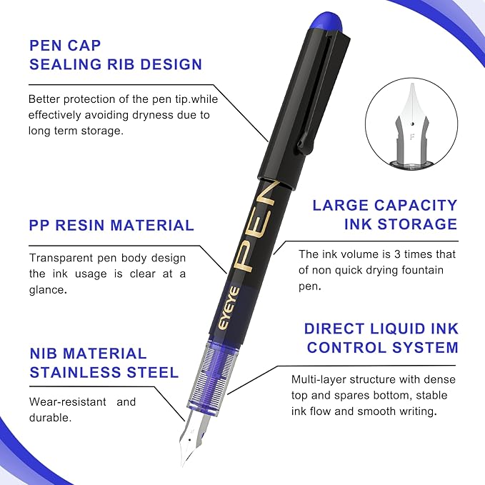 EYEYE Fountain Pens for Writing, 8 Pack Blue Fine Point Pens Disposable Fountain Pens Stainless Steel Nib, Smooth Writing for Calligraphy, Journaling, Drafting, Sketching, Doodling & Office Supplies