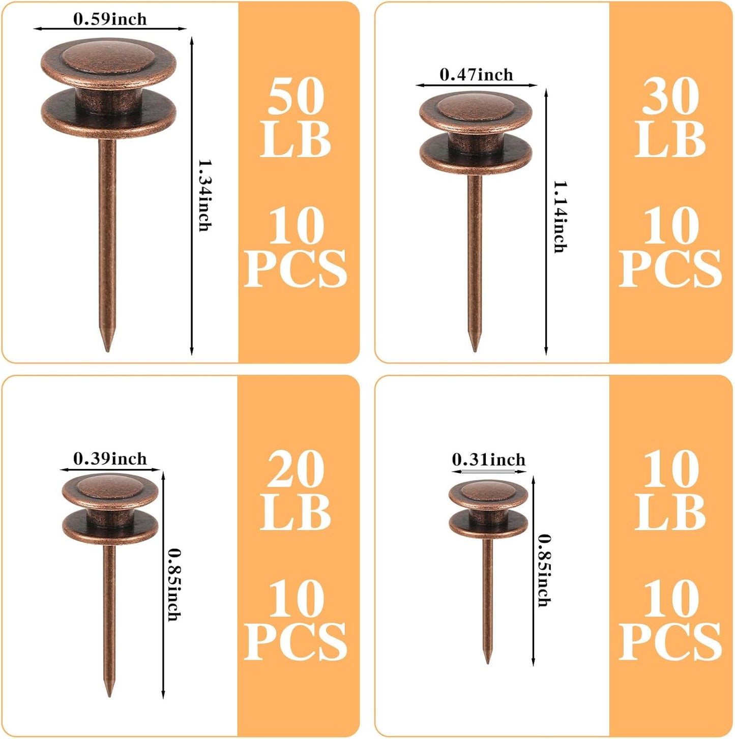 Ferraycle 40 Piece Double Headed Picture Hangers Nails 4 Size Long Thumb Tacks for Wall Hanging Decorative Nails Push Pins Picture Hooks for Drywall Photo Decor, 10/20/ 30/ 50lb(Red Antique)