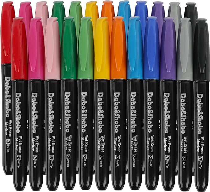 Dabo&Shobo Wet Erase Markers, 24-Count Smudge-Free Markers, 12 Colors Fine Tip, Erases With Water! Wet-Erase Low Odor Marker For Office, School And Home