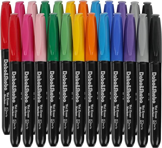 Dabo&Shobo Wet Erase Markers, 24-Count Smudge-Free Markers, 12 Colors Fine Tip, Erases With Water! Wet-Erase Low Odor Marker For Office, School And Home