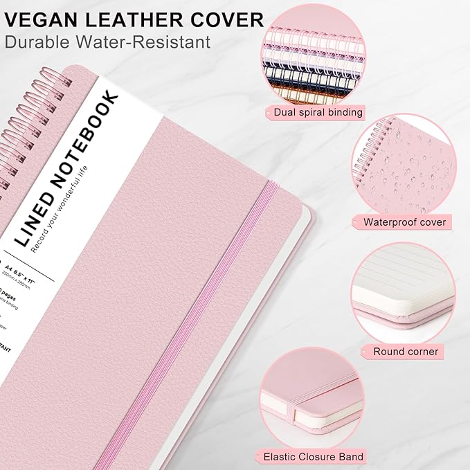 Lined Spiral Journal Notebook, A4 Hardcover Leather Notebook for Work, 8.5''×11'', 100GSM Thick Paper Spiral Bound Journaling Notebooks for Women & Men Office School Note Taking Business, Pink