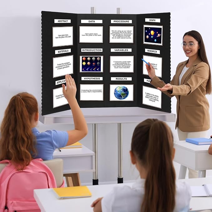 Paterr Trifold Poster Board with Storage Bag, Hook and Loop Fabric, Foldable 3 Panel Presentation Board for Science Fair and Exhibitions (Black,54 x 30 Inch)