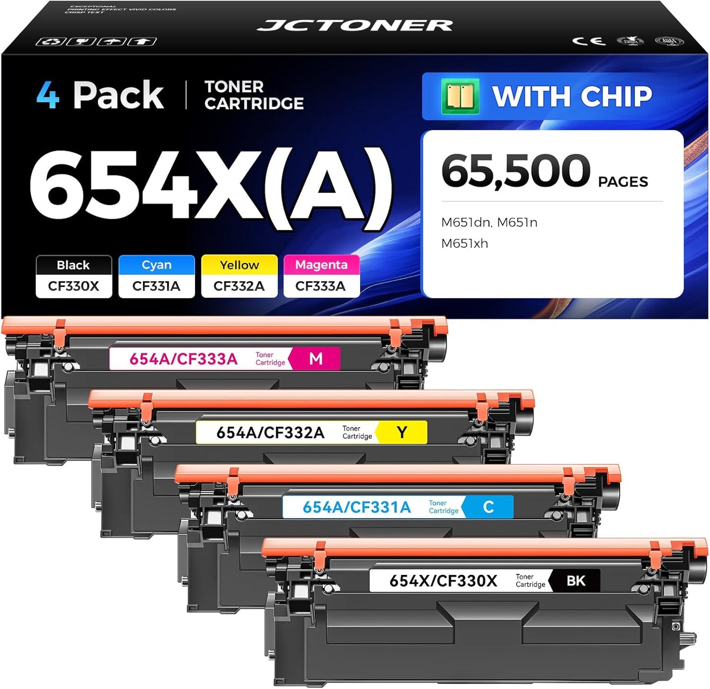 654X 654A Toner Cartridge Set 4-Pack High Yield Replacement for HP 654X 654A CF330X CF331A CF332A CF333A Compatible with HP Color LaserJet Enterprise M651dn M651n M651xh Printers Ink Black Cyan Yellow