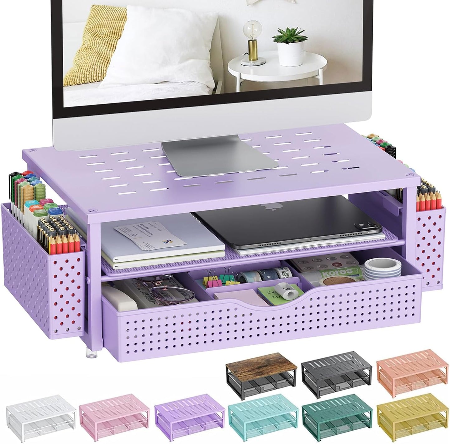 gianotter Desk Organizers and Accessories, Monitor Stand with Drawer and 2 Pen Holder, Purple Desk Accessories, Computer Stand Suitable for Offices and Dormitories (Purple)