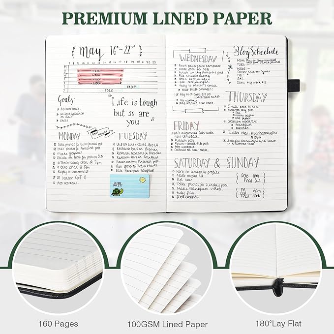 Lined Journal Notebook, 3 Pack A5 College Ruled Notebooks for Work, Hardcover Notebook Each with 2 Pockets & Pen, Leather Journal for Women, Men, 160 Pages, 100GSM Thick Paper (Green, Red, Black)