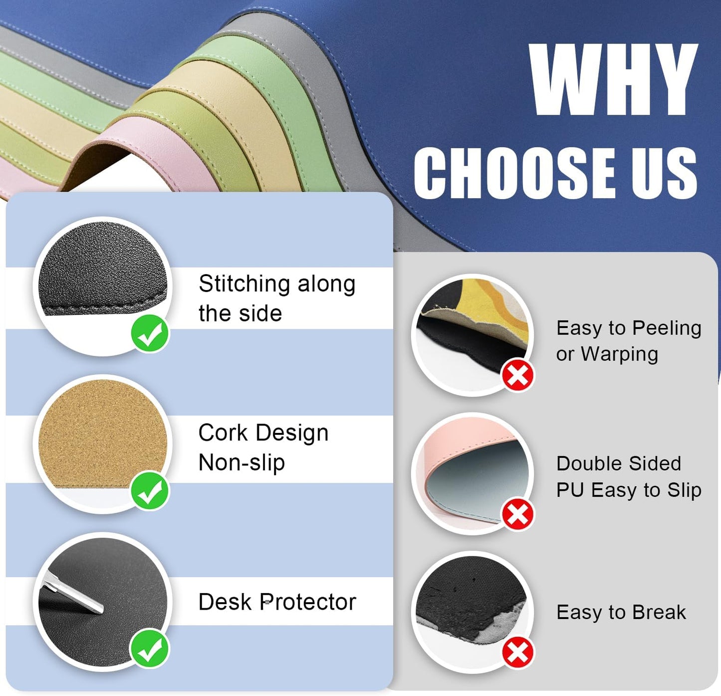 BLESWIN Large Desk Pad Mat 47.2"" x 17"", Office Desk Mat, Non-Slip PU Leather & Cork Desk Blotter for Keyboard and Mouse, Large Desk Mat, Large Mouse Pad for Office & Home(Black)