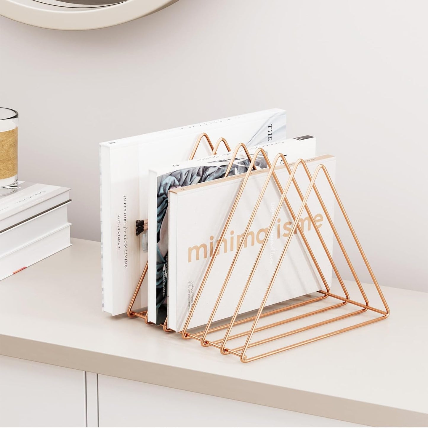 Urban Deco Triangle Desk Organizers Metal Wire Magazine Holder 7 Sections Decorative Vinyl Record Storage Office File Organizer For Desk - Rose Gold Magazine File Holder - 2 Pack