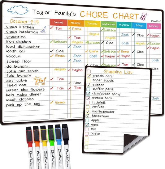 Magnetic Dry Erase Chore Chart - 14.5"x11" Chore Chart for Kids, Teens and Adults - 6.5"x8.5" List Board for Fridge - 6 Extra Fine Point Markers Included - Shipped Flat