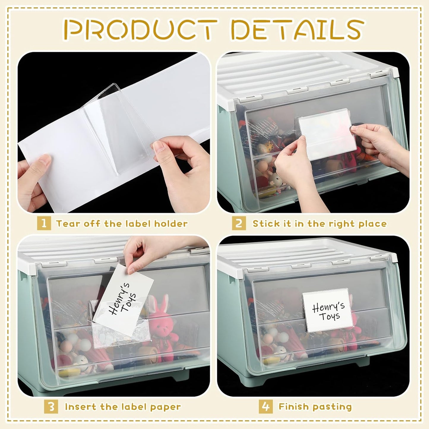 Jeyiour 100 Pcs Label Holders Adhesive Nameplate Pockets Storage Bin Labels Index Card Holder Shelf Plastic Peel Stick for Classroom Supermarket Bookshelf Library Student Box Drawer (3.6 x 5 Inch)