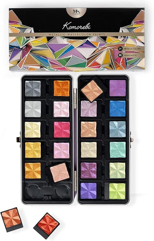 MozArt Supplies Komorebi Professional Metallic Watercolor Set - Portable Metal Box with Safety Lock and Fully Detachable Pans for Easy Customization - 24 Shimmering Colors for Arts and Crafts