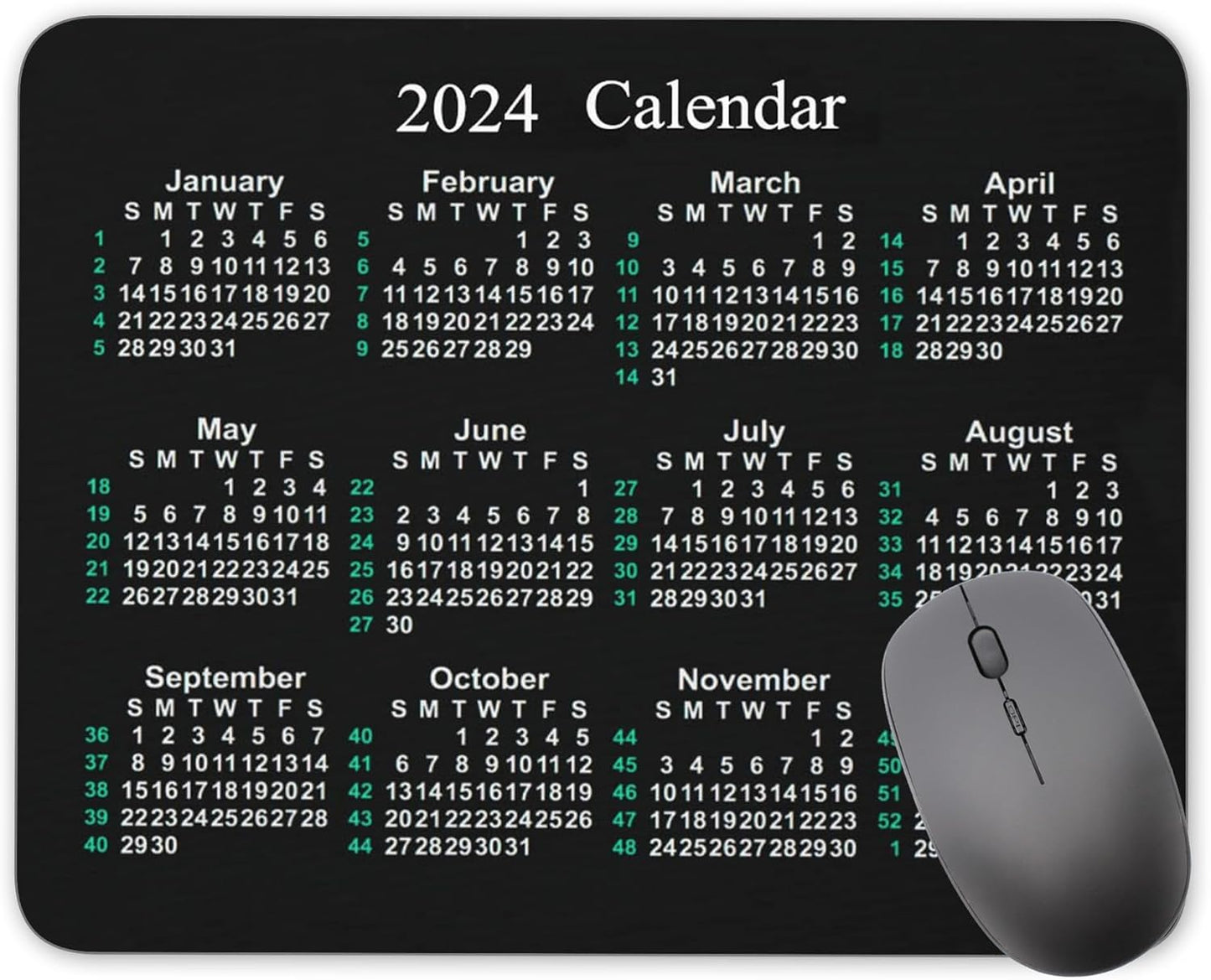 2024 Calendar Horizontal Non-Slip Rubber Mouse Pad， Calendar Black Mouse Mat Mouse Pad Office Gaming Mousemat 9.5 inch x 7.9 inch
