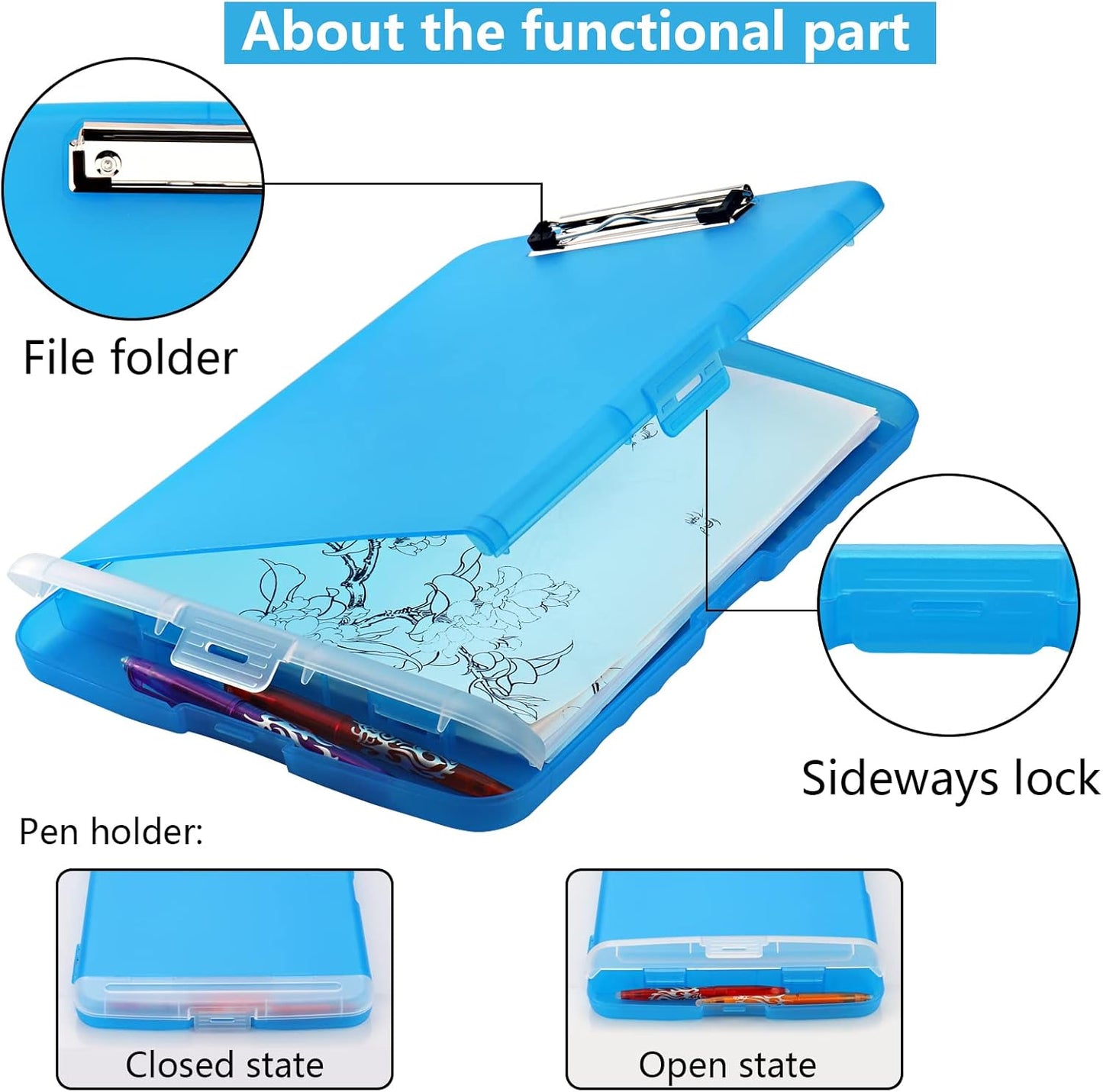 Clipboard with Storage, A4 Binder Nursing Clipboards with Pen Holder, Heavy Duty Storage Clipboard with Low Profile Clip, Clipboards Folder Side-Opening, Smooth Writing Clip Board (Transparent Blue)