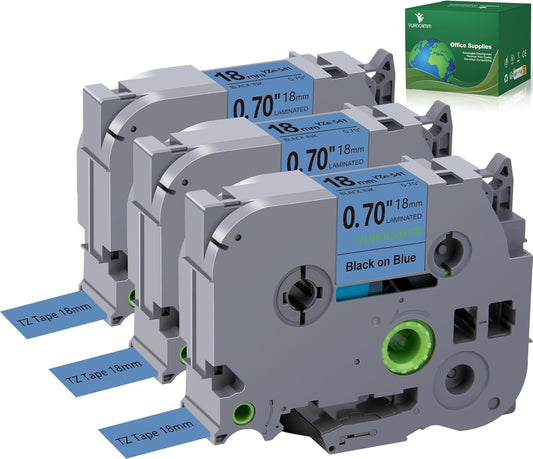 TZe-541 18mm TZe TZ Blue Tape Compatible with Brother P Touch Label Maker Tape TZ-541 TZe541 TZ541 Label Tape 18mm 0.7 Laminated Black on Blue for PT D400 D600 D610 P710bt, 3-Pack