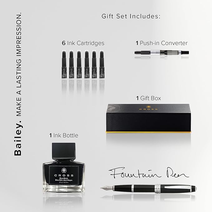 Cross Bailey Refillable Fountain Presented in a Premium Gift Box - Medium Point, Black Ink, Black