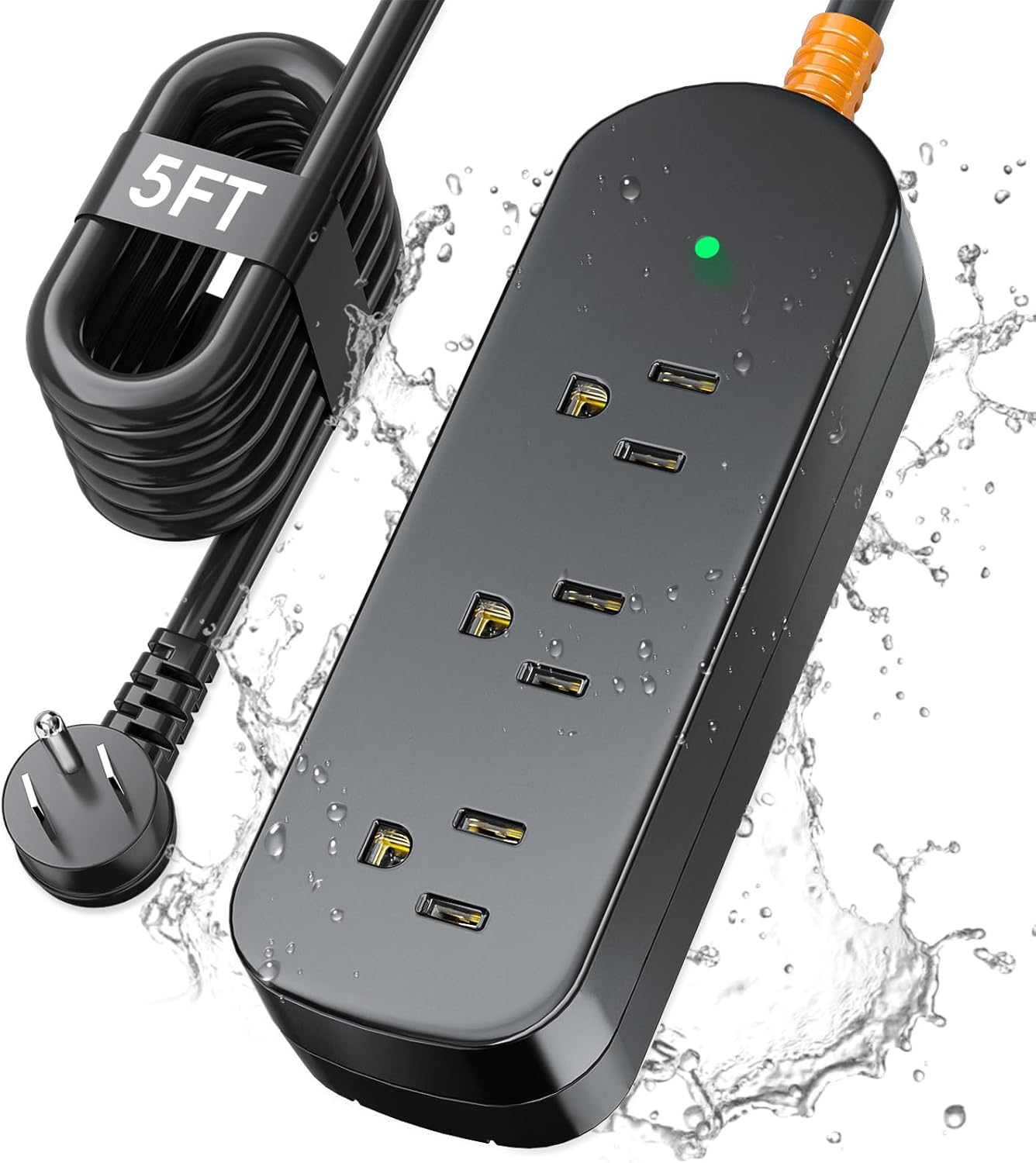 Surge Protector Power Strip,1625W/13A,5Ft Extension Cord with 3 Outlets,Waterproof Class 6 Heavy Duty Extension Cord for Indoor Outdoor,UL FCC IPX6 Listed (Black, 5FT)