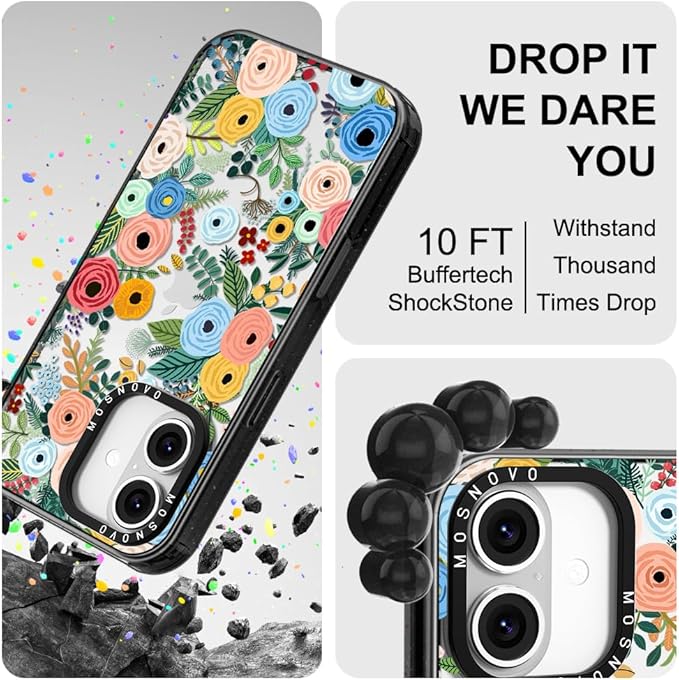 MOSNOVO Case for iPhone 16 Plus, [10ft 4X Military-Grade Drop Protection] Durable & Shockproof Phone Case Cover Design for iPhone 16 Plus - Pastel Floral Garden - Clear Black