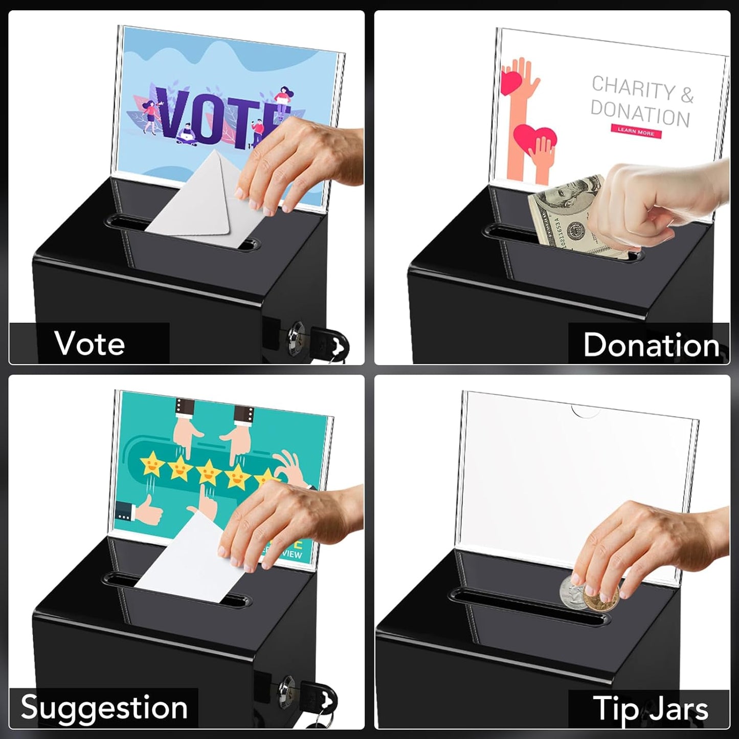 VOISEN Acrylic Donation Box with Lock, Black Tip Jar with Sign Holder, Suggestion Box for Fundraising, Donation, Bar, School Voting, 6.2x4.6x3.9 Inch