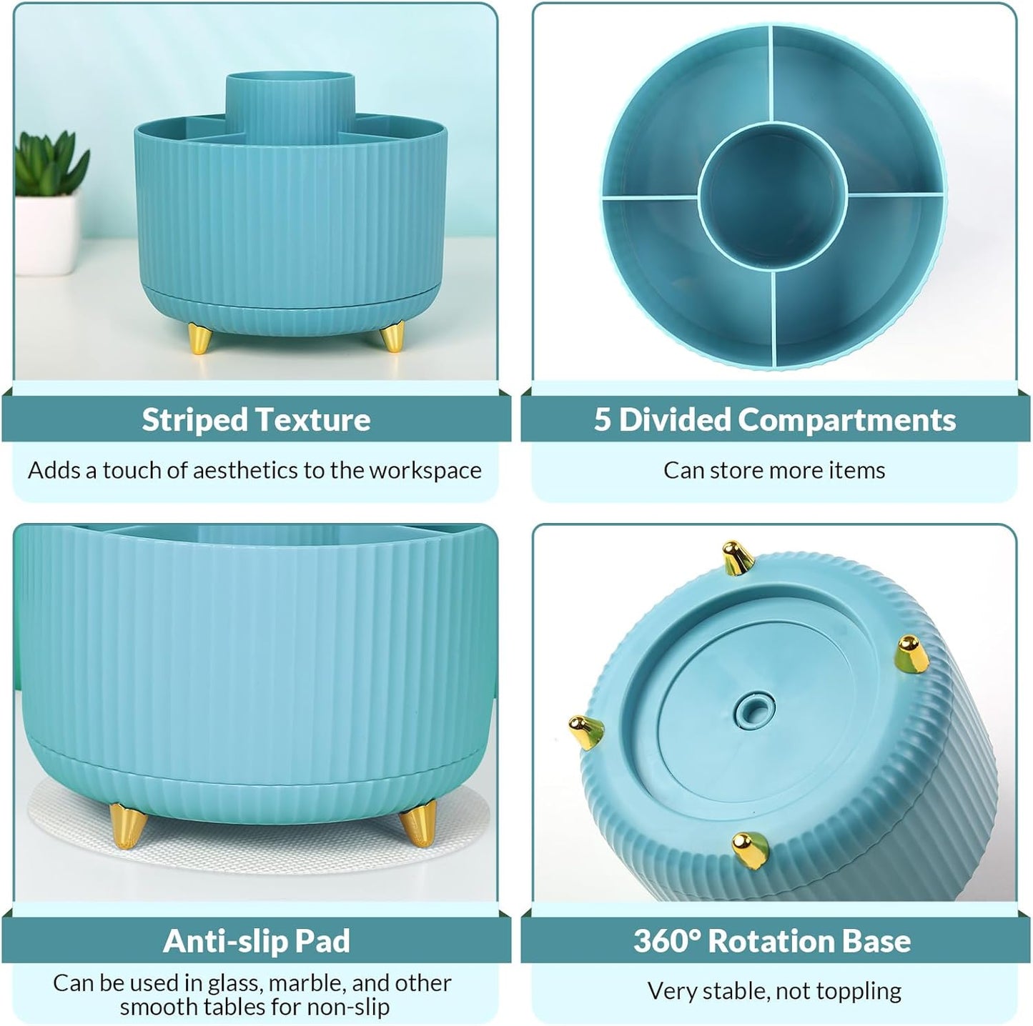 SKYDUE Makeup Organizer, Rotating Pencil Pen Holder for Desk, Dual-Purpose Desktop Organizer for Cosmetics & Pens, Makeup Brush Holder with 5 Slots, Pencil Cup for Office, Home