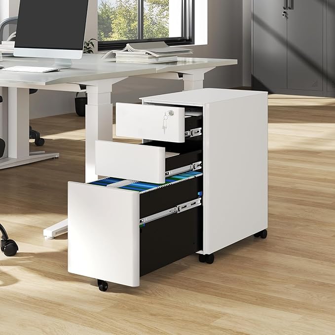 YITAHOME 3-Drawer File Cabinet, Lockable Mobile Filing Cabinet for A4/Letter/Legal Size Folder, Vertical File Cabinet for Home Office, Installed Except Casters, White
