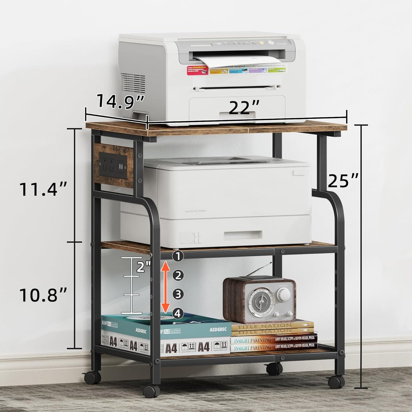 3 Tier Large Printer Stand with Power Outlet/Adjustable Storage Shelf, Rolling Cart with Wheels, Printer Table for Home Office 3D Printer/Heat Press/Laster, 22"×15" Rustic Brown