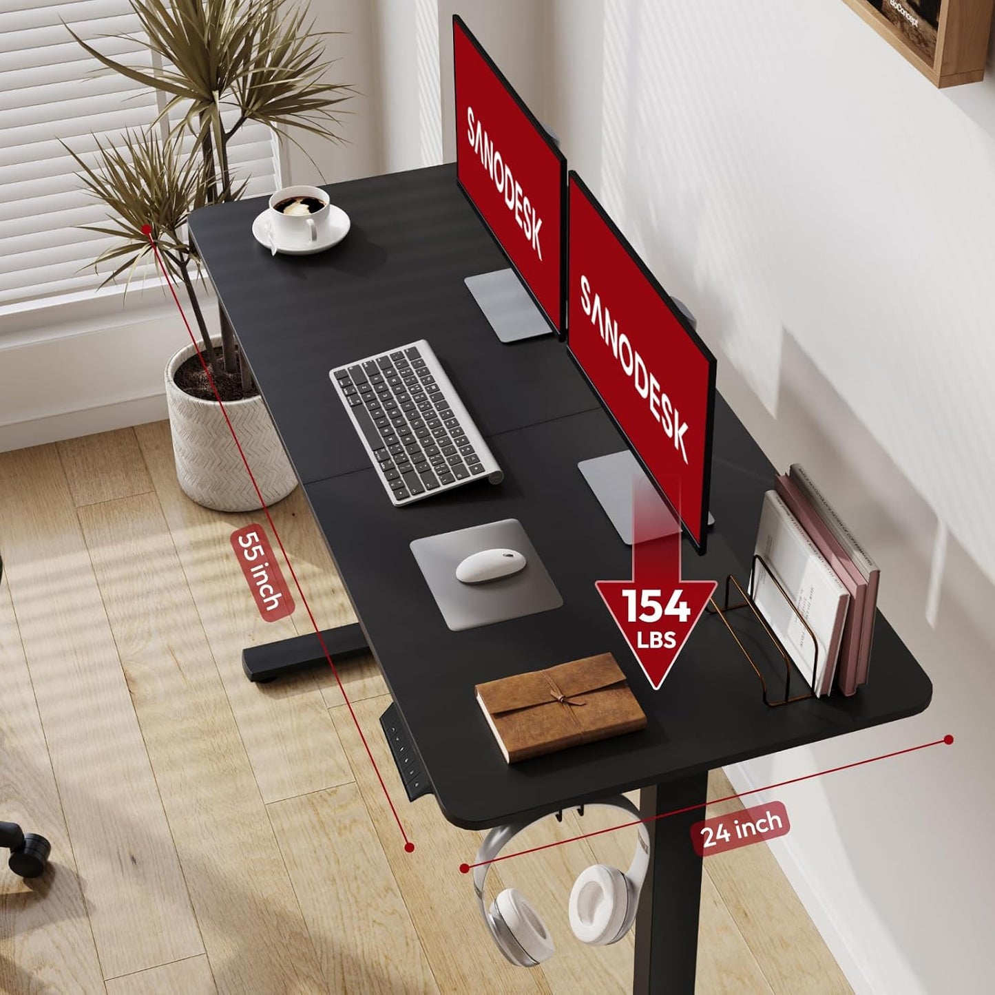 SANODESK Electric Standing Desk 55x24 Inch Height Adjustable Stand Up Desk Home Office Computer Workstation Sit Stand Home Office Desk with Splice Board (Black Frame + Black Top)