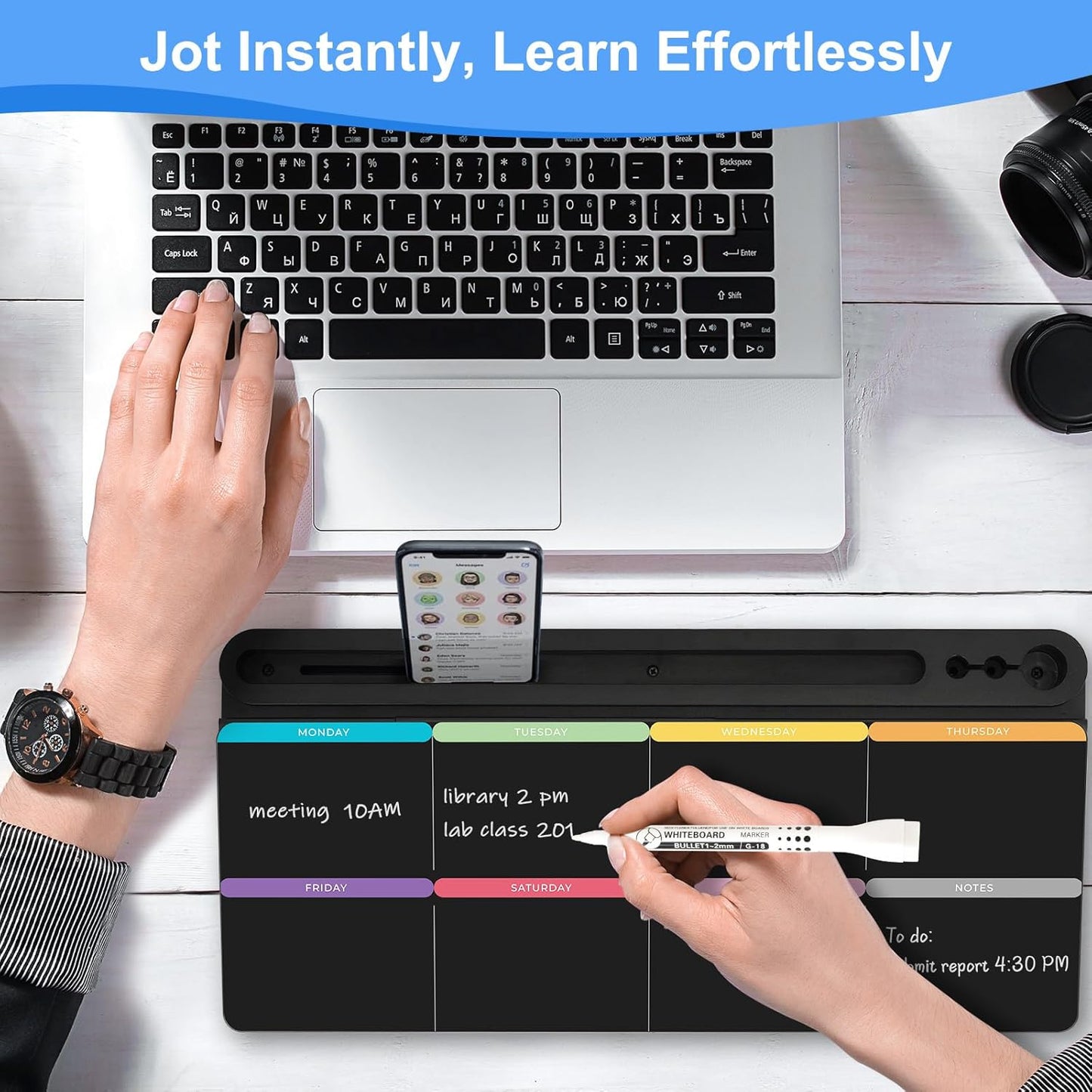 Desktop Glass Whiteboard with Storage, Colorful Weekly Calendar Desk Dry Erase White Board, Desk Organizers and Accessories, Weekly Planner with Notes for List, Planning, Memo, Office, Home, School