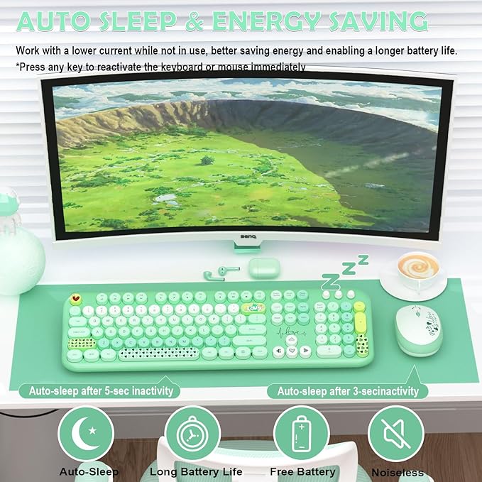 Wireless Keyboard Mouse Set,MOFII 104 Round Keys Lovely Retro Cute Colorful Computer Typewriter Keyboard and Mouse for PC/Mac/Laptop/Tablet/Computer/Windows Green