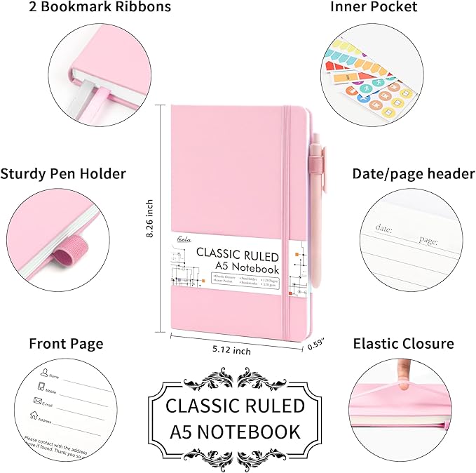 feela 24 Pack Journal Notebook Bulk for Work, Business Notebook Hardcover Lined Writing Journal with Pen Holder for Men Women Note Taking, with 24 Black Pens, 120 GSM, 5.1”x8.3”, A5, Rose Pink