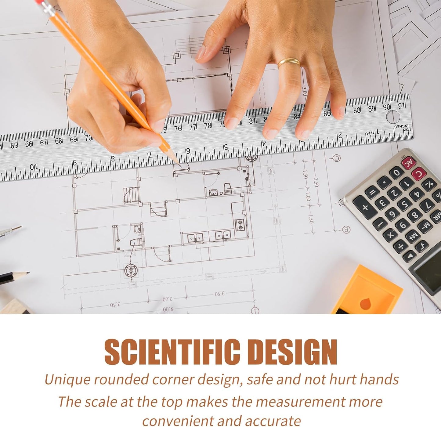 2PCS 36 Inch Metal Ruler, Stainless Steel Straight Edge Ruler with Cork Backing, Non-Slip Imperial & Metric Measuring Tool for School, Office, Woodworking, Drafting