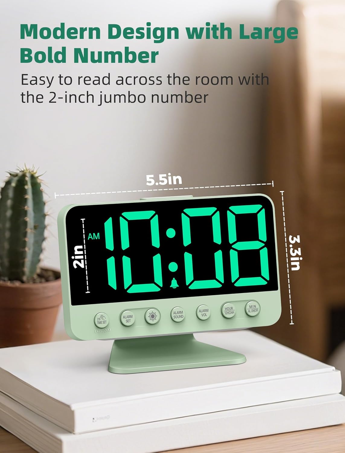 Digital Alarm Clocks for Bedrooms: Large Bold Number 5 Brightness Dimmer - Easy to Read Across The Room - 5 Alarm Sound 8 Night Light - Sage Green