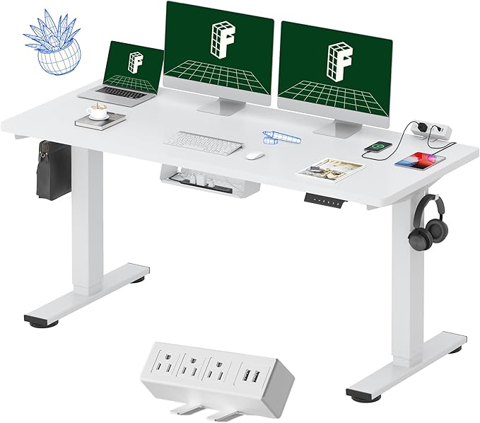 FLEXISPOT EN2 Whole-Piece Standing Desk with Clamp Power Strip, 60 x 24 Electric Stand Up Height Adjustable Desk with Cable Management (White Frame + 60" White Desktop, 2 Packages)