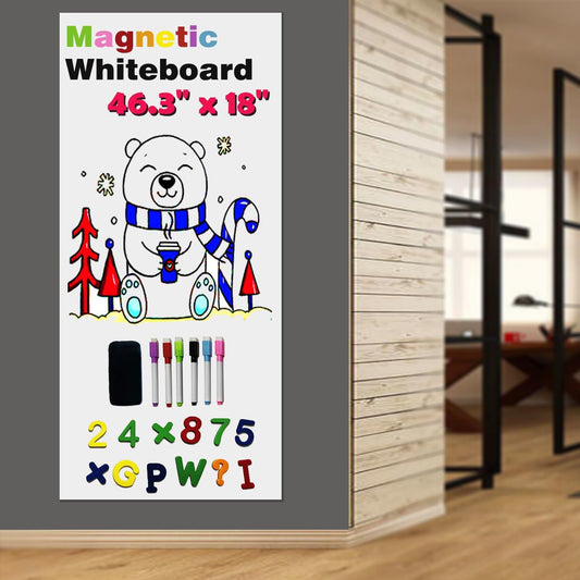 Magnetic Whiteboard Paper for Wall 46.3" x 18" Adhesive Magnetic Dry Erase White Board Sticker with 36 Magnet Letters 6 Markers for Kid Removable Peel and Stick Whiteboard Wallpaper Roll