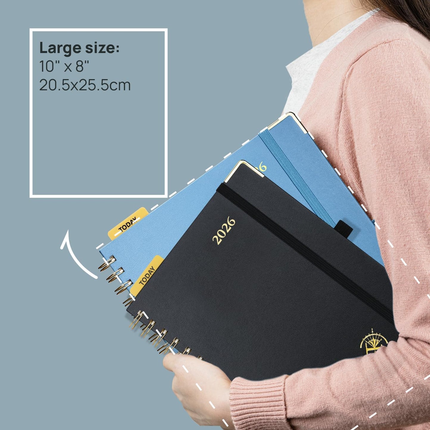 POPRUN 2026 Planner (Large Size 10'' x 8'' Wire-Bound Hard Cover) Daily Weekly and Monthly Calendar - Agenda 2026 (Jan.2026-Dec.2026) with Hourly Schedule, Monthly Tabs - Pacific Green