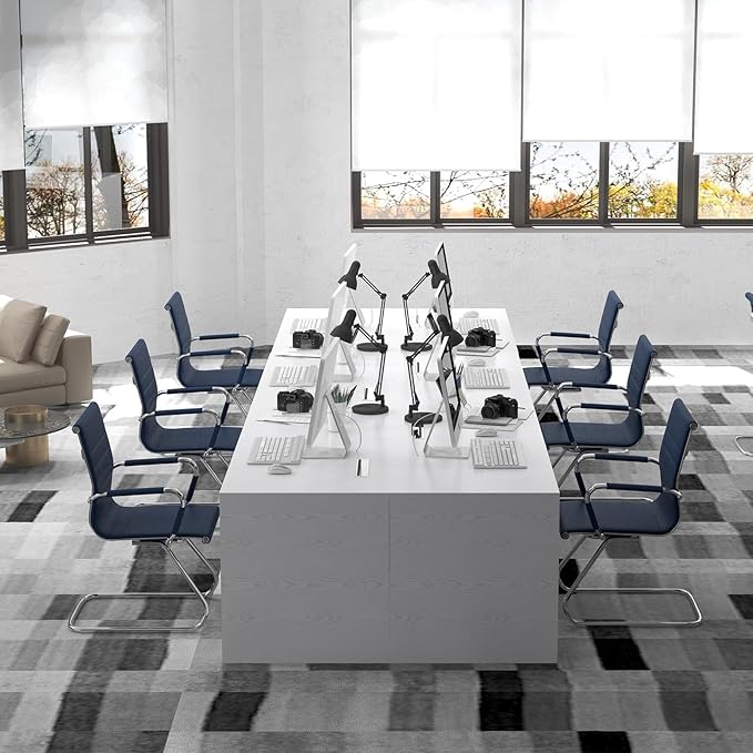Office Desk Chair No Wheels Set of 4 PU Leather Computer Chairs Mid Back Guest Chairs for School Reception Conference Waiting Room, Navy Blue