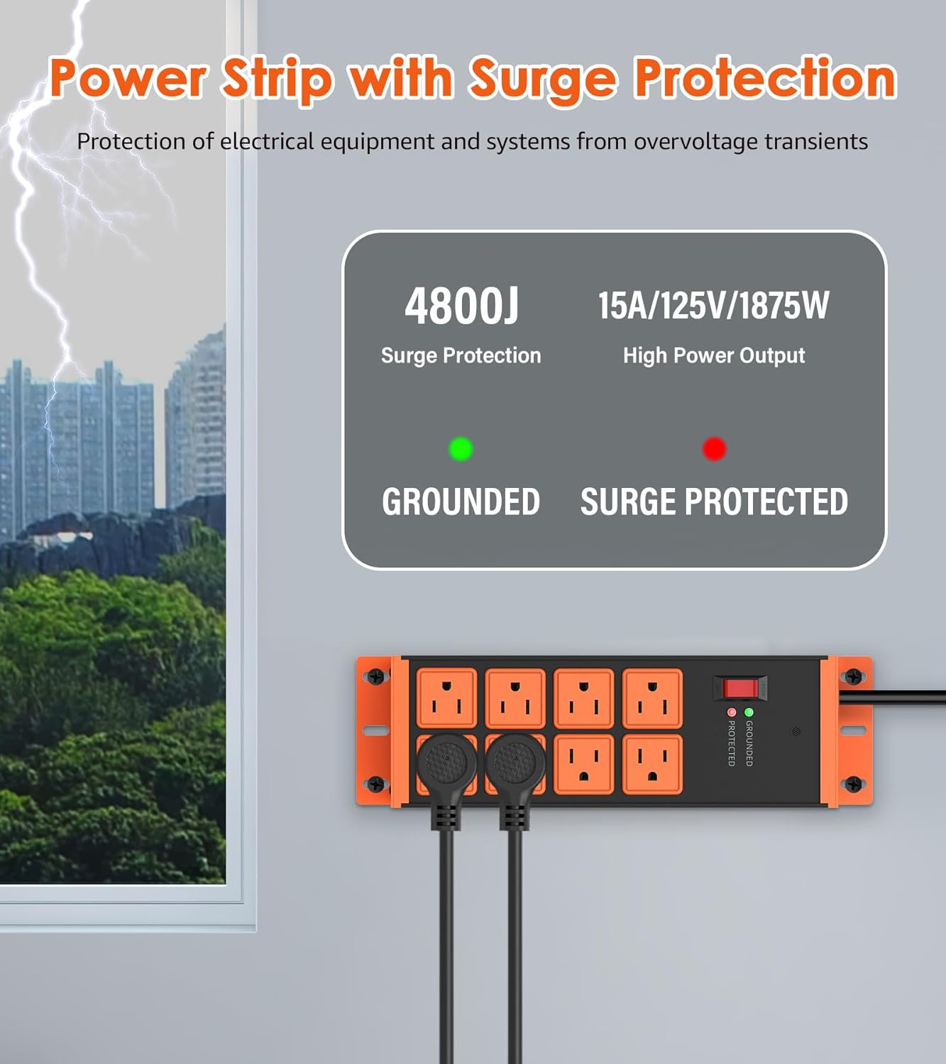 2 Pack Heavy Duty Power Strip 8 Outlets, Work Shop Outlet Strip Surge Protector 4800J, Industrial Metal 15Amp Power Strip, 6FT Extension Cord, ETL Listed