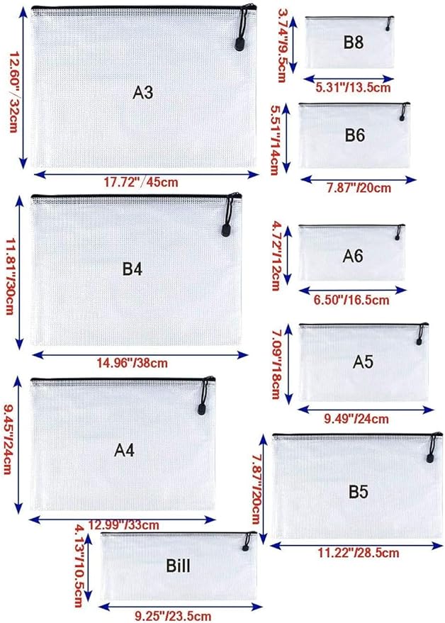 Oaimyy-A6(4.5"x 6.5",12 Pcs),Plastic Mesh Zipper Pouch Document Folders Bag Zip File Folders for School Office Supplies, Travel,Puzzles Games Organizing Storage-Black