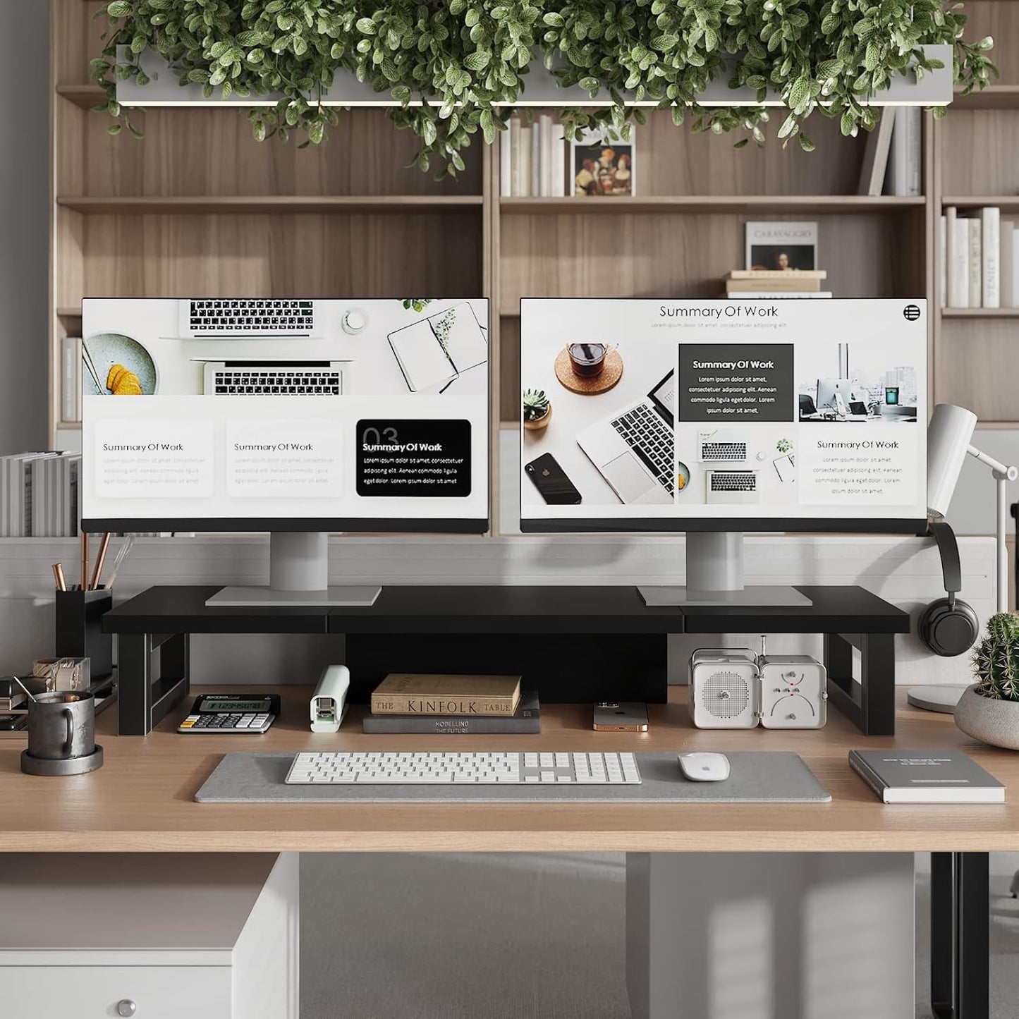 WESTREE Dual Monitor Stand Riser, Wood and Steel Monitor Stand Riser, Computer Monitor Stand for 2 Monitors, Multi-Purpose Desktop Storage Stand for Computer,Laptop,Printer,TV