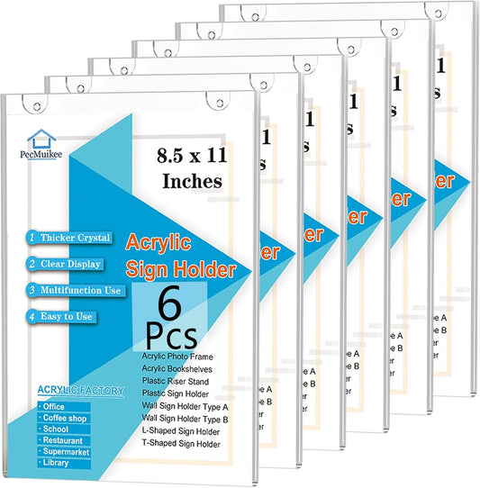 PecMuikee Acrylic Sign Holder 8.5x11, Wall Mount Acrylic Sign Holder and Plastic Paper Display Ad Frame bonus with 3M Tape and Mounting Screws for Restaurants, Office, Market, Library, Store, 6 Pcs