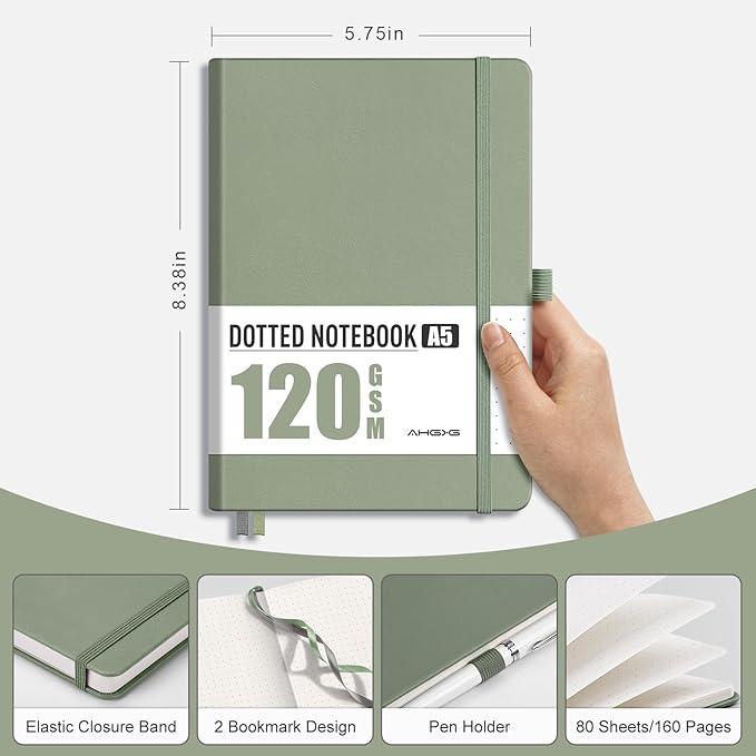 AHGXG Bullet Dotted Journal - Dot Grid Notebook Journal, 120 GSM Thick Acid-Free Paper, A5 Dotted Notebook 160 Pages, Leather Hardcover, Inner Pocket, Journal Stencil, 5.7'' × 8.3'' - Sage Green