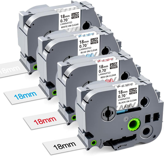 4 Pack TZ Tape 18mm Clear Replace for Brother TZe 0.13-0.7 3.5-18mm Laminated Transparent TZe-141 TZe-142 TZe-143 TZe-145 Black/Red/Blue/White on Clear for P Touch PT-1890 PT-D600 PT-D400