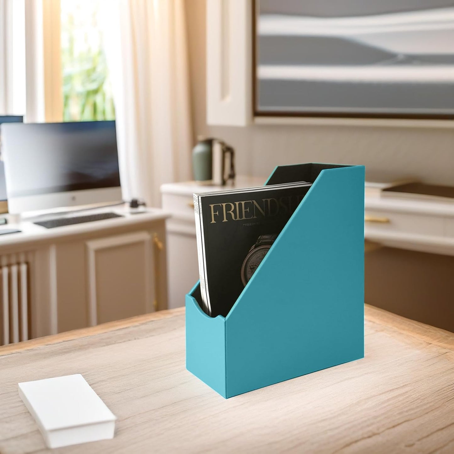 UnionBasic Magazine File Holder, Leatherette Desktop Document Organizer, Home Office Paper Holder File Storage Literature Sorter, Peacock Blue