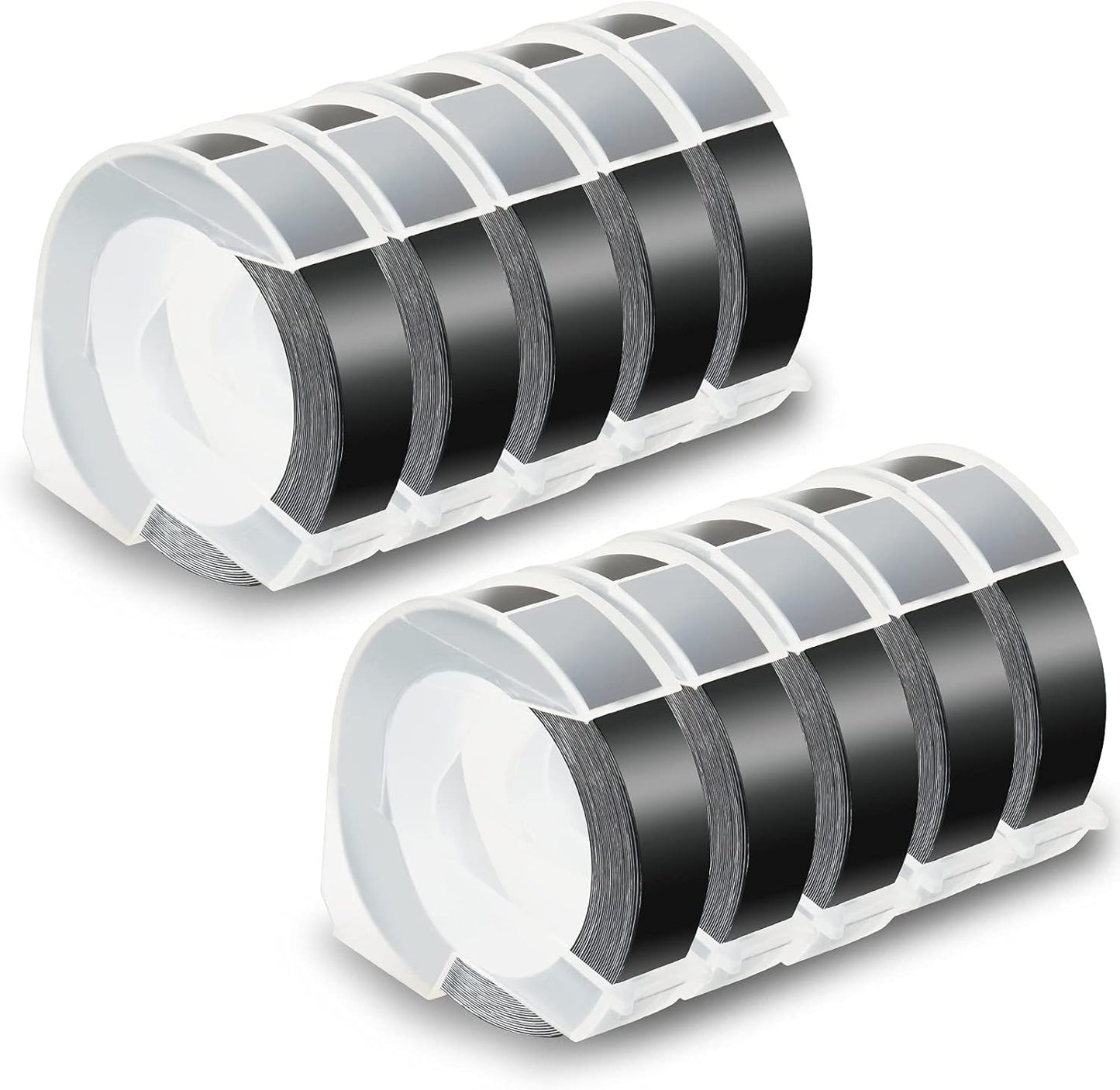 Pristar Replacement 3D Plastic 9mm Embossing Tapes 3/8'' x 9.8' Compatible for Dymo Embossing Label Maker Organizer Xpress 12965, Xpress Pro 12966, Office Mate II 154000, White Print on Black, 10-Pack