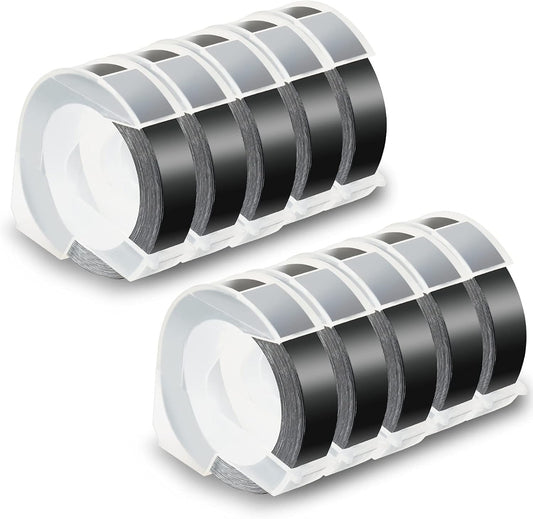 Pristar Replacement 3D Plastic 9mm Embossing Tapes 3/8'' x 9.8' Compatible for Dymo Embossing Label Maker Organizer Xpress 12965, Xpress Pro 12966, Office Mate II 154000, White Print on Black, 10-Pack