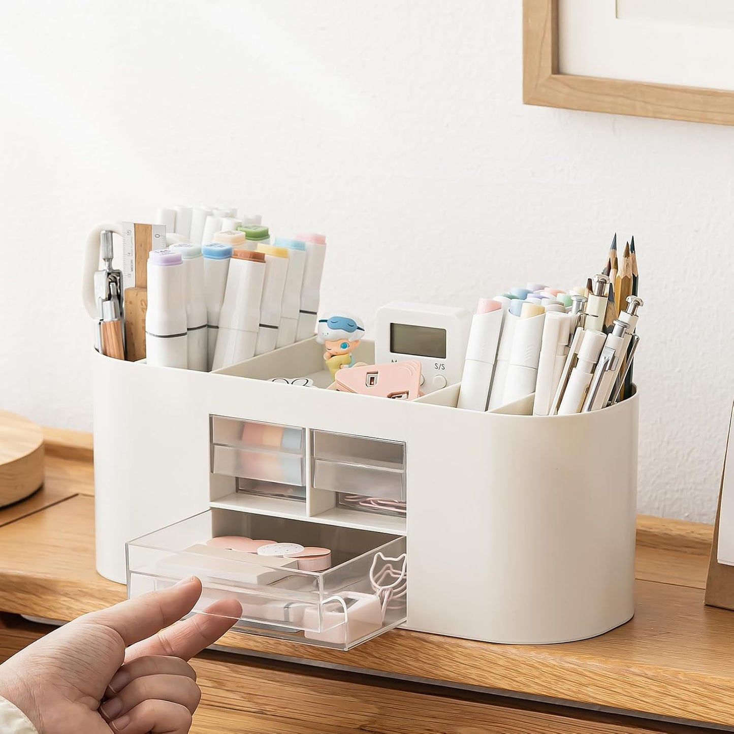 INSTOME Pencil Pen Holder for Desk with 3 Drawers - All-In-One Desk Organizer - Perfect Desk Accessories for Office Use - Stylish & Convenient Desk Organizers and Accessories (Beige)