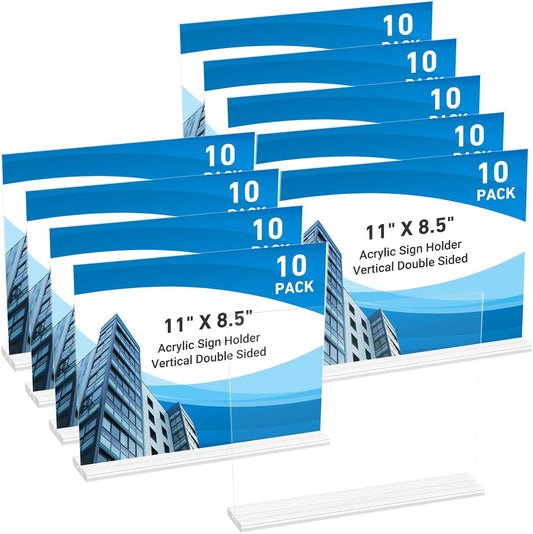 10 Pack Acrylic Sign Holder 11 x 8.5 Horizontal, Double-Sided Clear Sign Holder Plastic Stands for Display, T Shape Acrylic Table Sign Stands for Office Store Restaurants Wedding Party Decoration