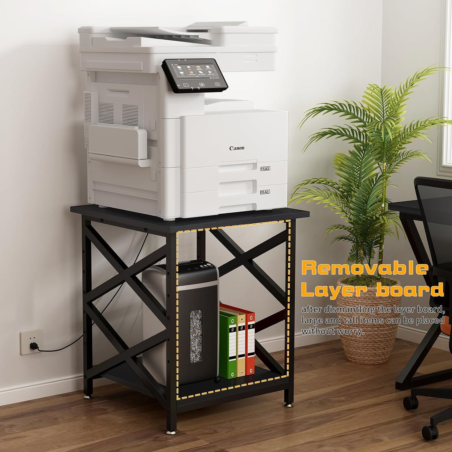 Large Printer Stand with Power Outlet, with Height Adjustable Storage Shelf, 3 Tier Rolling Printer Cart with Industrial Wheels, 23.6 x 23.6 Inches Printer Table for Home Office,Black