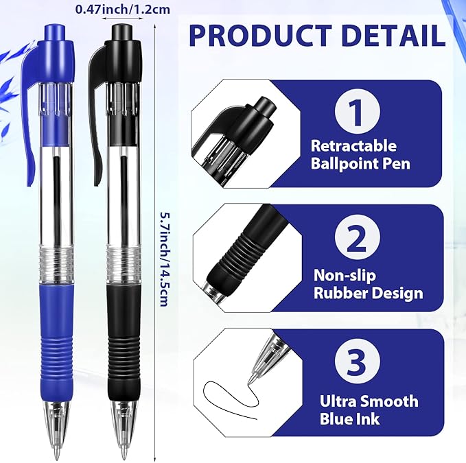 Fainne 200 Pack Retractable Ballpoint Pen 1.0 mm Medium Point Refillable Smooth Click Writing Pens With Grip for Work Journal Writing Office School Supplies(Black Ink, Blue Ink)