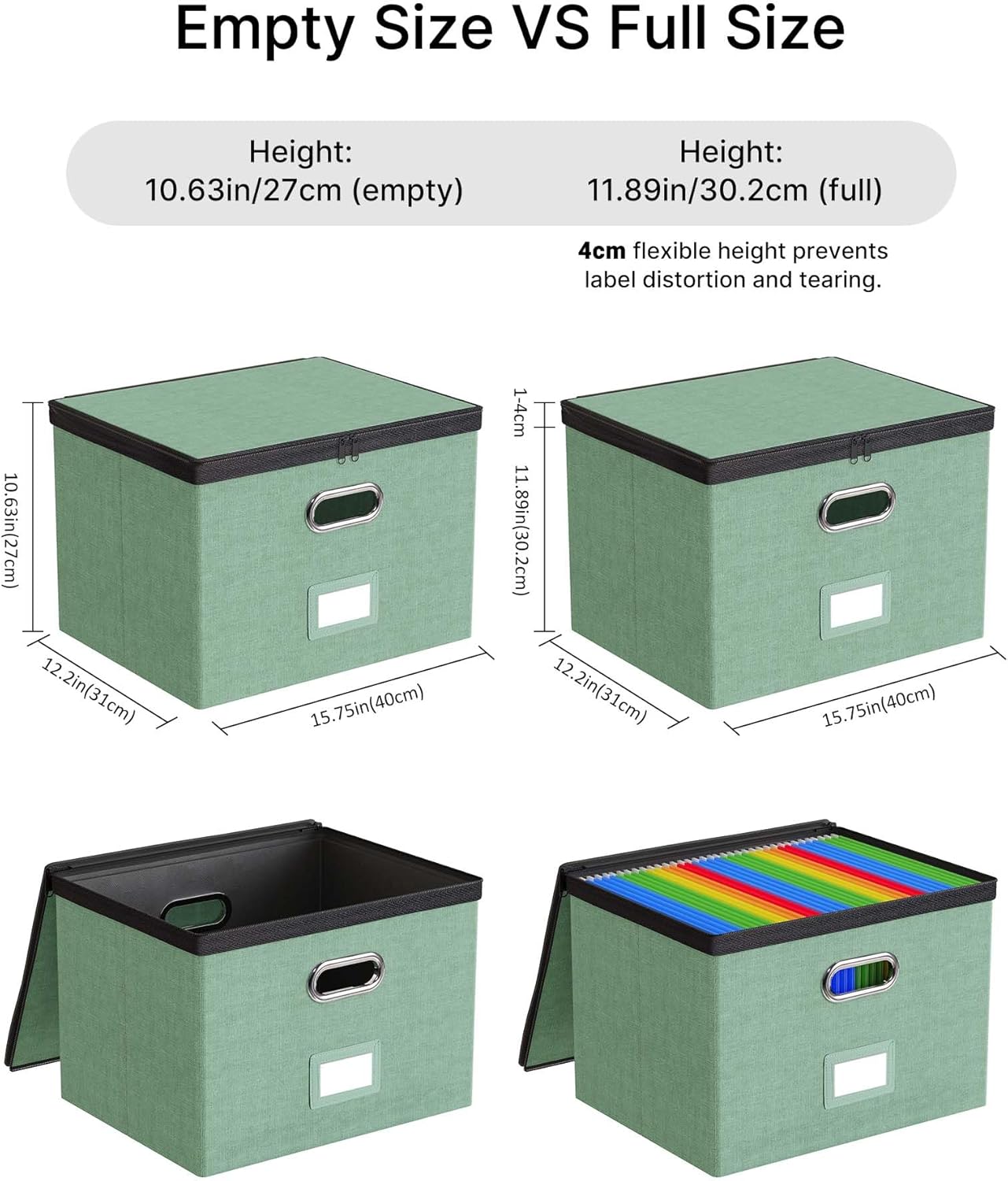 Oterri 2 Pack Large File Organizer Boxes with Lids, File Box with Mesh Pockets, Document Organizer Box for Letter/Legal Size Folders, Zippers Important Document Organizer (Green, Without Folders)