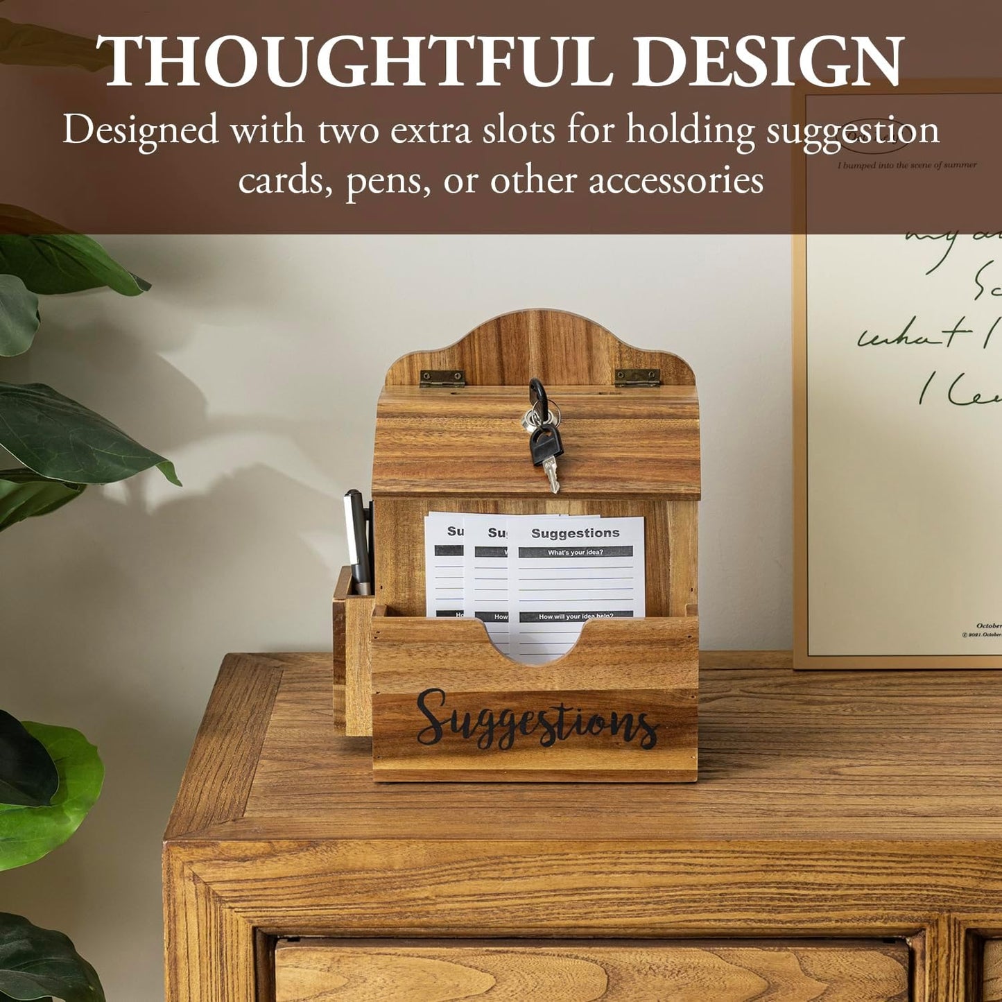 MyGift Premium Solid Acacia Wood Suggestion Box, Wall Mountable Feedback Collector with Black Cursive "Suggestions" Lettering, Comment Card Slot, Pen Holder, Top Lock and Keys